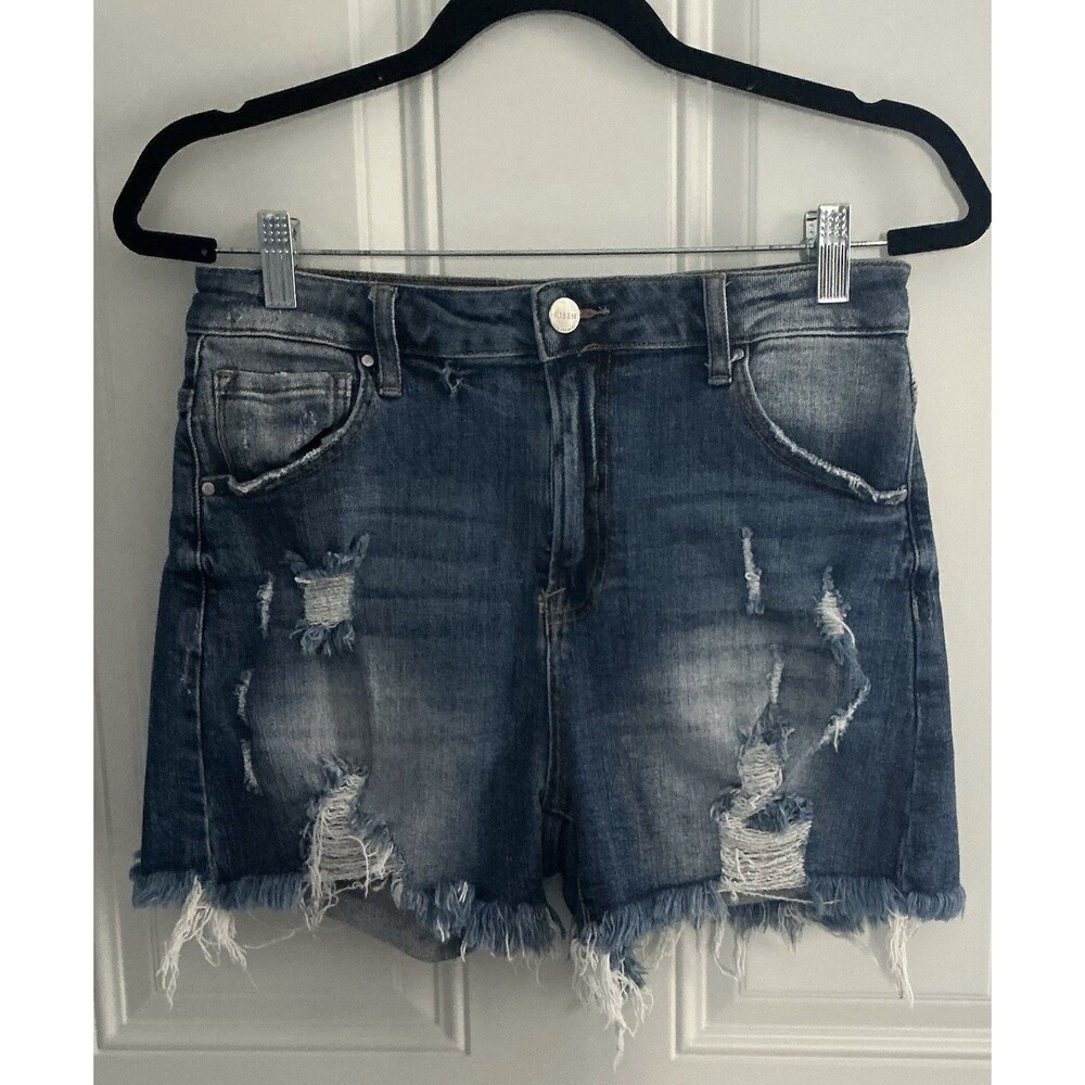 Risen Distressed Denim Shorts Women’s Size Large Frayed Raw Hem High Waisted